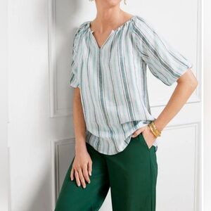 Talbots 100% linen popover breezy stripe pullover top green white coastal size L